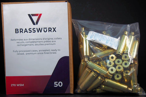 270 WINCHESTER SHORT MAGNUM Brass cases have been processed as follows and are of mixed manufacturer's origin:   1)  Tumble-washed. 2)  Visual Inspection and obvious defects sorted out. 3) Deprimed. 4) Tumble-washed with stainless pins. 5) Visual check and finer defects sorted out. 6) Full length resized. 7)  Length-trimmed and case mouth chamfered. 8)  Primer pocket chamfered. 9)  Neck annealed for longer case life. 10) Visually Checked. 11)  Packed by weight with humidity absorbing packet and sealed.