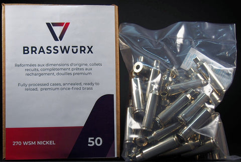 270 WSM (WINCHESTER SHORT MAGNUM) NICKEL cases have been processed as follows and are of mixed manufacturer's origin:   1)  Tumble-washed. 2)  Visual Inspection and obvious defects sorted out. 3) Deprimed. 4) Tumble-washed with stainless pins. 5) Visual check and finer defects sorted out. 6) Full length resized. 7)  Length-trimmed and case mouth chamfered. 8)  Primer pocket chamfered. 9) Visually Checked. 10)  Packed by weight with humidity absorbing packet and sealed.