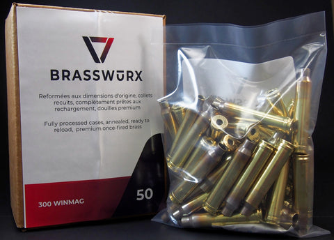  300 WINCHESTER MAGNUM Brass cases have been processed as follows and are of mixed manufacturer's origin:   1)  Tumble-washed. 2)  Visual Inspection and obvious defects sorted out. 3) Deprimed. 4) Tumble-washed with stainless pins. 5) Visual check and finer defects sorted out. 6) Full length resized. 7)  Length-trimmed and case mouth chamfered. 8)  Primer pocket chamfered. 9)  Neck annealed for longer case life. 10) Visually Checked. 11)  Packed by weight with humidity absorbing packet and sealed.