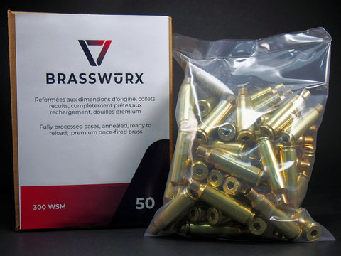 300 WSM (Winchester Short Magnum) Brass cases have been processed as follows and are of mixed manufacturer's origin: 1) Tumble-washed. 2) Visual Inspection and obvious defects sorted out. 3) Deprimed. 4) Tumble-washed with stainless pins. 5) Visual check and finer defects sorted out. 6) Full length resized. 7) Length-trimmed and case mouth chamfered. 8) Primer pocket chamfered. 9) Neck annealed for longer case life. 10) Visually Checked. 11) Packed by weight with humidity absorbing packet and sealed.