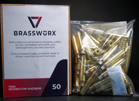 7mm REMINGTON MAGNUM Brass cases have been processed as follows and are of mixed manufacturer's origin:   1)  Tumble-washed. 2)  Visual Inspection and obvious defects sorted out. 3) Deprimed. 4) Tumble-washed with stainless pins. 5) Visual check and finer defects sorted out. 6) Full length resized. 7)  Length-trimmed and case mouth chamfered. 8)  Primer pocket chamfered. 9)  Neck annealed for longer case life. 10) Visually Checked. 11)  Packed by weight with humidity absorbing packet and sealed