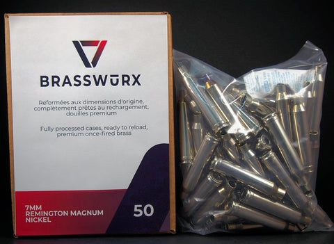 7mm REMINGTON MAGNUM NICKEL cases have been processed as follows and are of mixed manufacturer's origin:   1)  Tumble-washed. 2)  Visual Inspection and obvious defects sorted out. 3) Deprimed. 4) Tumble-washed with stainless pins. 5) Visual check and finer defects sorted out. 6) Full length resized. 7)  Length-trimmed and case mouth chamfered. 8)  Primer pocket chamfered. 9) Visually Checked. 10)  Packed by weight with humidity absorbing packet and sealed.